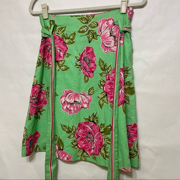 TIBI COTTON GREEN PINK FLORAL FLOWERS TIE WAIST SKIRT - Picture 5 of 15